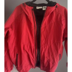 Double Diamond Mens Red Softshell Hooded Jacket Fleece‎ Lined Full Zip Large